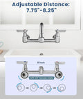 Rock Solid Wall Mount Kitchen Faucet With Swivel Spout And Dual Handles, 8 inch adjustable distance shown.