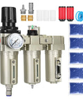 Heavy Duty 3/4 Inch NPT Air Compressor Water Separator With Three Stage Filtration No Fuss Auto Drain Knocks Out Moisture Up To 240 PSI components and accessories layout.
