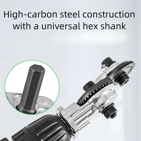 Drill Powered Sheet Metal Cutter And Nibbler Attachment showing hex shank and high-carbon steel construction