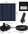 All In One Solar Fountain Pump Kit For Bird Bath And Pond With Separate Solar Panel One Point Eight Watt Four Nozzles For Different Water Spray Shapes Nine Point Eight Four Feet Power Cable Durable Outdoor Water Feature showing solar panel, pump, and cable.