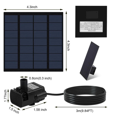 All In One Solar Fountain Pump Kit For Bird Bath And Pond With Separate Solar Panel One Point Eight Watt Four Nozzles For Different Water Spray Shapes Nine Point Eight Four Feet Power Cable Durable Outdoor Water Feature showing solar panel, pump, and cable.