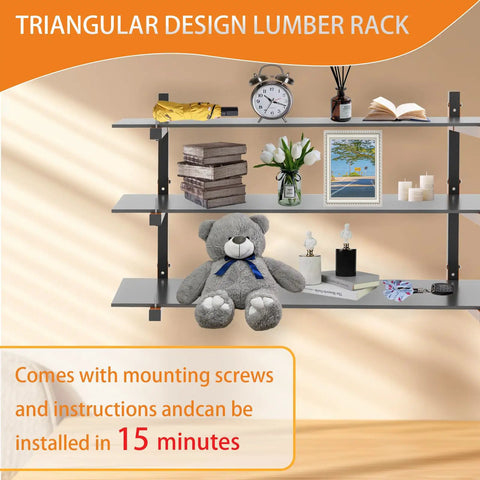 Beefy 9 Level Wall Mount Wood Storage Rack With 1080 Lbs Capacity, Rugged Garage Shelving, Folding Orange Brackets, 6 Pack Hanging Metal Shelves For Indoor And Outdoor Use with mounted items