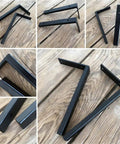 Heavy Duty Wall Mounted L Shape Shelf Brackets Two Pack Slick Black Finish Rust Proof Steel for Pantry Or Deck on wooden surface.