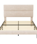 Queen Size Platform Bed Frame With Plush Velvet Headboard And Extra Thick Wooden Slats Delivers rock solid mattress support in beige.