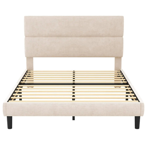 Queen Size Platform Bed Frame With Plush Velvet Headboard And Extra Thick Wooden Slats Delivers rock solid mattress support in beige.