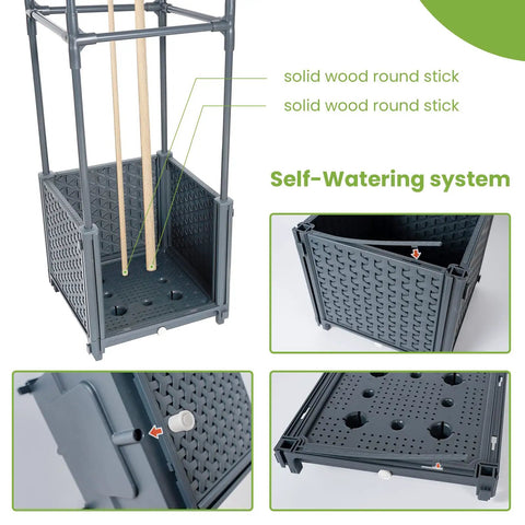 Raised Garden Bed Planter Boxes With Trellis For Climbing Vegetables And Tomatoes And Tomato Cage, self-watering system