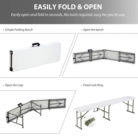 Heavy Duty 6ft Folding Bench With Secure Handle Lock Waterproof Patio Seat Two Pack Built Tough Easy Fold Design Thick Panel Outdoor Gear Zero Hassle Storage Real Deal Quality For Game Day Tailgating, images of folding process.