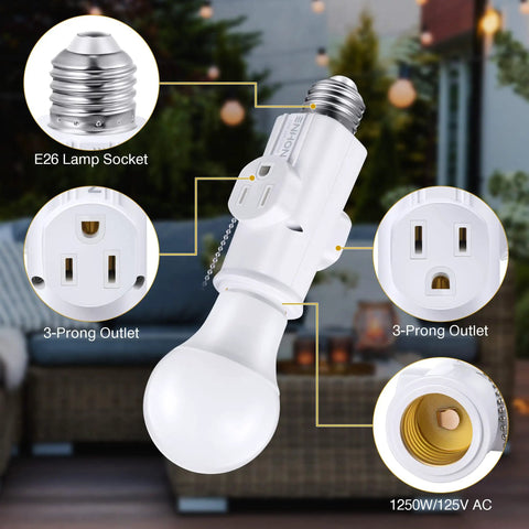 Beefed Up 3 Prong E26 Light Socket to Plug Adapter, White Heat Resistant Socket Converter for 2 To 3 Prong Outlets, Light Splitter for Garage Porch CCTV Cameras and Lighting Fixtures, Flame Retardant PBT Design