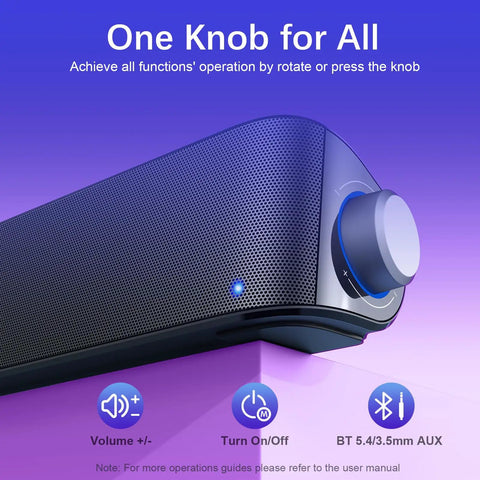 Close-up of 2.1 Computer Speaker System With Subwoofer, Bluetooth 5.4 And 3.5mm Aux In showing control knob on sound bar.