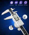 Front view of a stainless steel digital caliper with 6-inch scale and LCD display.