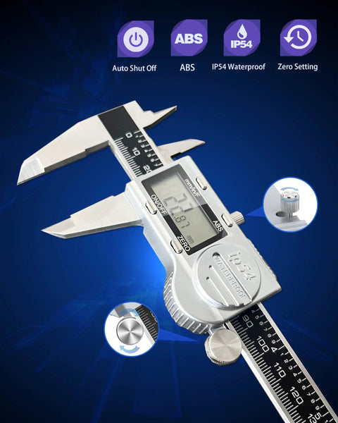Front view of a stainless steel digital caliper with 6-inch scale and LCD display.