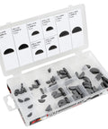 Performance Tool W5343 80-piece grey woodruff key assortment in clear plastic organizer, front view.