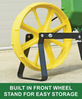 Front wheel of 3lb Garden Seeder Workhorse With 7 Seed Plates For Precise Planting In Prepared Soil with built-in stand