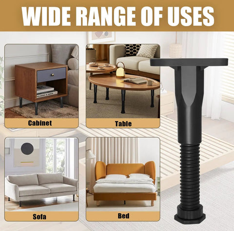 No Sweat Height Tweaks On Reliable Adjustable Bed Legs 4 Pack Swivel Base Furniture Feet shown used on a table and sofa.