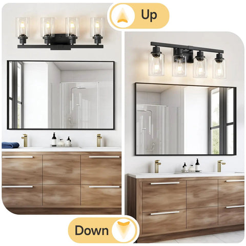 Top Shelf 4 Light Bathroom Vanity Light With Clear Glass Sleeves Matte Black Vintage Wall Sconce in up and down positions above a mirror.