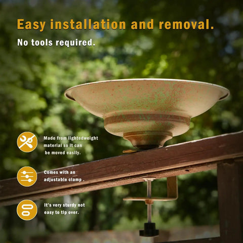 Solar Bird Bath Fountain For Deck Patio Balcony And Garden, Metal Bird Bath Bubbler With Deck Mounted Water Feature shown installed.