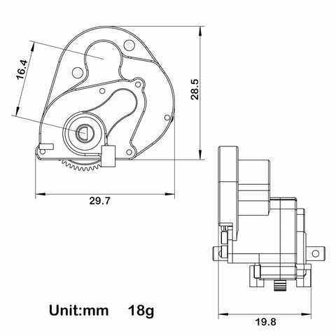 Diagram of Brushless Transmission Aluminum Gearbox For 1/24 Axial SCX24 RC Crawler, dimensions and side view shown