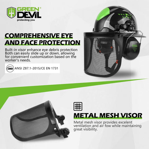 Heavy Duty Chainsaw Helmet With Face Shield Built In Visor And Ear Muffs 4 In 1 System ANSI Z89.1 showing visor detail
