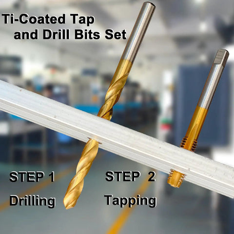 Half Inch NPT Tap And Twenty Three Thirty Second Inch Drill Bit Set with titanium coating in use, showing drilling and tapping steps.