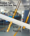 5/8X24 Tap And 37/64 Drill Bit Set With Ti-Coated M2 HSS Bits in metalworking steps, drilling and tapping displayed.