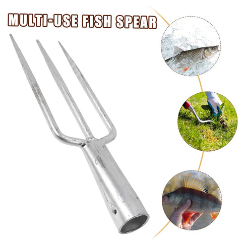 Three Prong Metal Garden Fork For Gardening And Fishing Heavy Duty All Purpose Tool shown with fishing and gardening use.