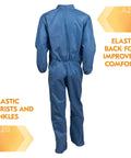 Back view of breathable particle protection coveralls with reflex design, zip front, elastic back, wrists and ankles, blue denim, size 2XL.