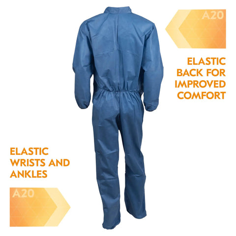Back view of breathable particle protection coveralls with reflex design, zip front, elastic back, wrists and ankles, blue denim, size 2XL.
