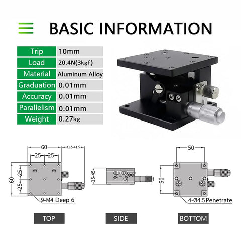 Manual Z Axis Linear Stage With Micrometer Fine Tuning Bearing Slide Table For Precision Inspection And Lab Use, dimensions and specs shown