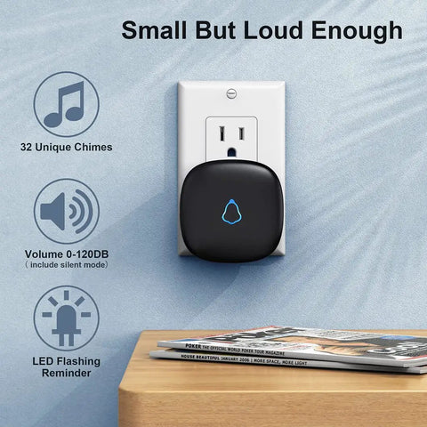 Wireless Doorbell System With Two Receivers And Two Push Buttons, Easy Setup, Adjustable Volume, 58 Chimes, Colorful LED, 1000 Foot Range, M520 F55, Black receiver plugged into wall outlet with LED reminder
