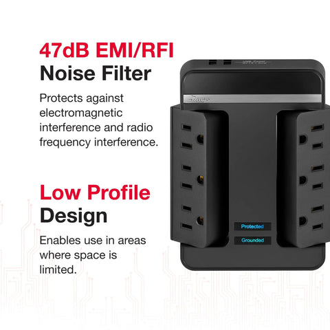 6 Outlet 2 USB Swivel Wall Tap Surge Protector With 2100 Joules, EMI RFI noise filter and low profile black design shown