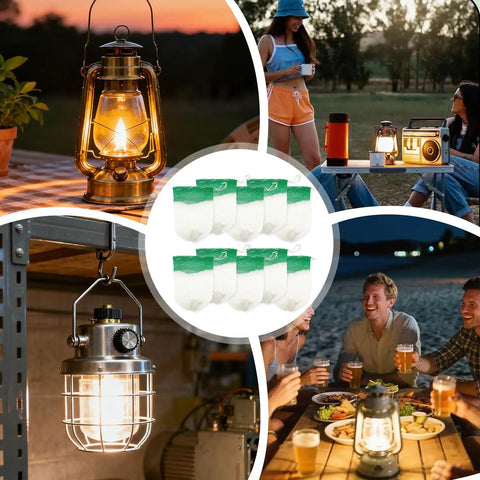 10 Pcs Propane Lantern Mantles U Shaped For Outdoor Lighting Fixtures Camping Green Replacement Lantern Shades shown in use