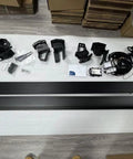 Plug And Play Deployable Running Boards For Tesla Cybertruck Slick Auto Side Steps With Custom Flowing Led Strip Lights No Sweat Setup showing installation parts and hardware.