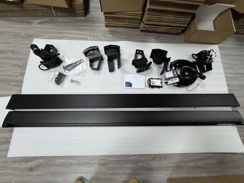 Plug And Play Deployable Running Boards For Tesla Cybertruck Slick Auto Side Steps With Custom Flowing Led Strip Lights No Sweat Setup showing installation parts and hardware.