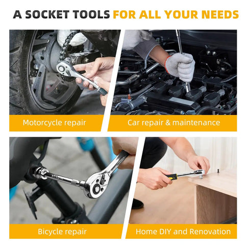 46 Piece 1/4 Inch Ratchet Socket Set With Quick Release Ratchet Extension Bar And Storage Case Premium Metric Sockets From 4 To 14MM Built For Auto Repair Home Projects And DIY Fixes used for motorcycle and car repair, bicycle maintenance, and home DIY.