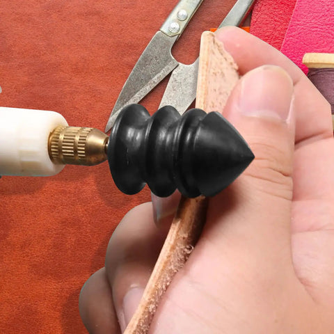 Hella Smooth Rotary Leather Burnisher Bits Set With Multi Groove Polishing Heads For Precision Edge Shaping on leather edge in hand.