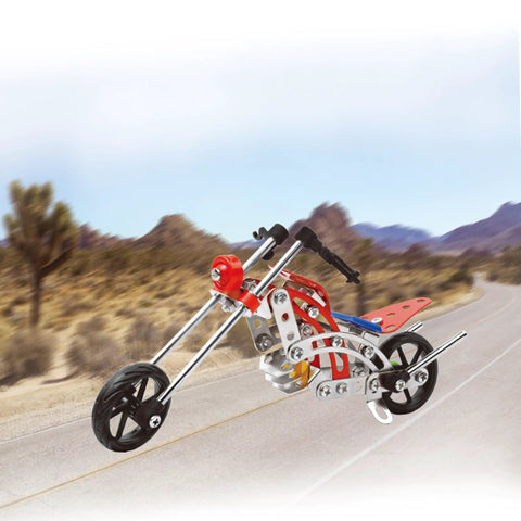 99 Piece Metal Motorcycle Model Building Kit For DIY Chopper Bike Fans And STEM Lovers in red and silver on a desert road
