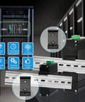 1.08 Inch Width Din Rail Mount Bracket Built Tough Aluminum Alloy Clip For 35mm Universal DIN Rail Corrosion Resistant Industrial Grade Mount For Ethernet Switch Six Pack shown on racks