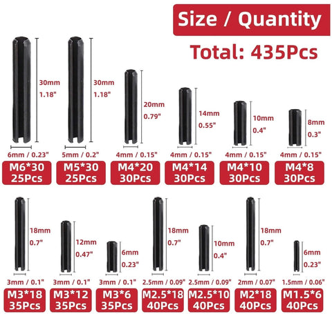 Image showing size and quantity of Must Have All Purpose Slotted Spring Dowel Pins And Tension Roll Pins Kit, 435 pieces.