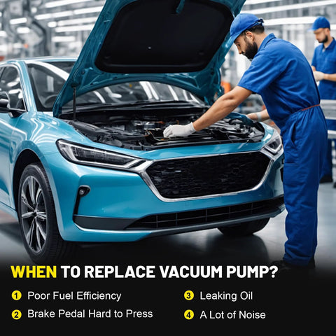 Front view of a blue car with the hood open; a mechanic in blue uniform inspects the engine.