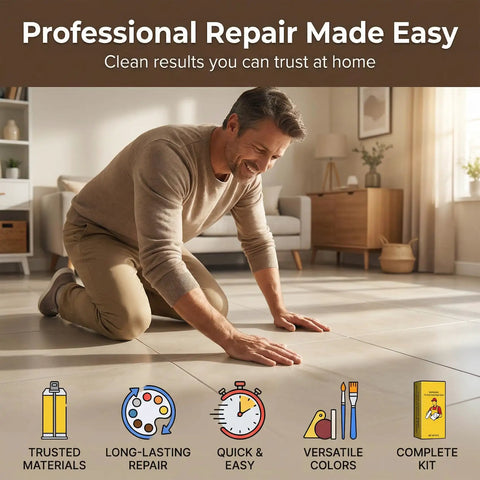 Man using All-In-One Tile Repair Kit For Cracks And Chips, Quick-Drying Glue With Color-Matching Paste For Marble, Porcelain, Ceramic And Stone