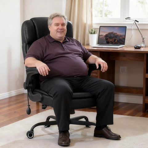 Man sitting on Big And Tall Executive Office Chair With Flip Up Armrests, Heavy Duty PU Leather Desk Chair, in home office
