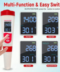 4 In 1 Pool Water Tester With PH EC TDS And Temperature LCD Display showing readings, handheld digital meter in use.