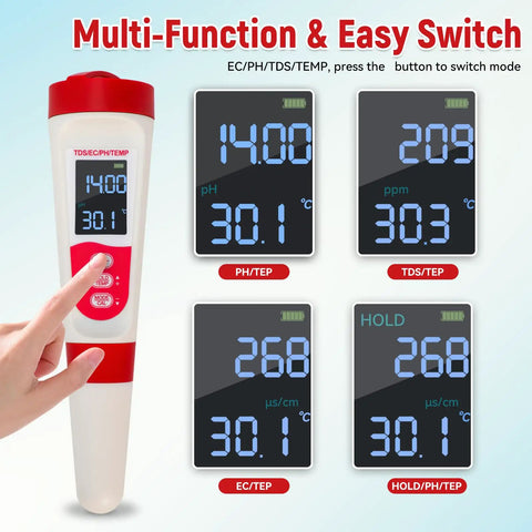 4 In 1 Pool Water Tester With PH EC TDS And Temperature LCD Display showing readings, handheld digital meter in use.