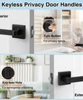 Matte Black Door Handle Set 6 Pack Keyless Interior Levers and Privacy Locks for Bedroom or Bathroom Heavy Duty Reversible for Left or Right Doors Sleek Modern Upgrade for Your Home, shown in interior and exterior views with keyless hole and turn button details.