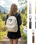 Woman wearing backpack with 10 Piece Zipper Pull Replacement Set Silver Black Gold Copper For Jackets Bags Luggage shown on side.
