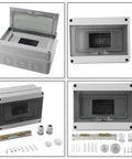 Dang Tough Surface Mounted Distribution Box With Eight Circuit Slots Hella Weatherproof Ip65 Rating Heavy Duty Abs Housing For Indoor And Outdoor Electrical Jobs No Sweat Pre Drilled Wall Mounting Kit with components arranged.