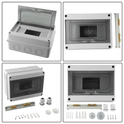 Dang Tough Surface Mounted Distribution Box With Eight Circuit Slots Hella Weatherproof Ip65 Rating Heavy Duty Abs Housing For Indoor And Outdoor Electrical Jobs No Sweat Pre Drilled Wall Mounting Kit with components arranged.