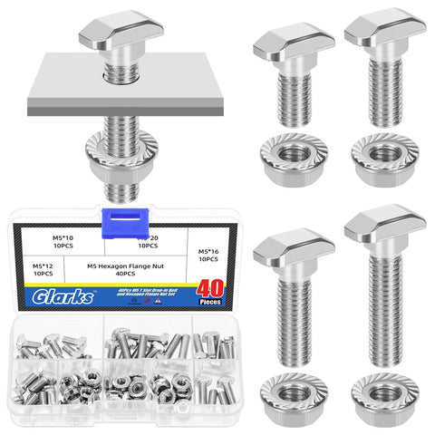 Kickass M5 T Slot Drop In Bolts With Hexagon Flange Nuts 80 Pc Kit 10 12 16 20 MM displayed with hex nuts in a plastic organizer.