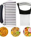 Hendiy kitchen onion slicer and potato cutter set with stainless steel blades and black handles.