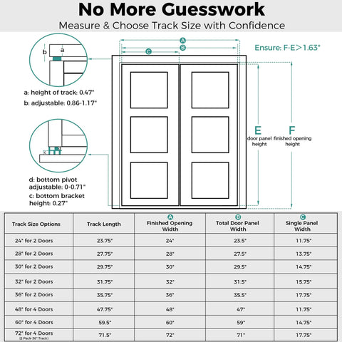 Heavy Duty Bifold Door Hardware Kit With Two 36 Inch Tracks For 72 Inch Closet Doors dimensions chart with track size options.